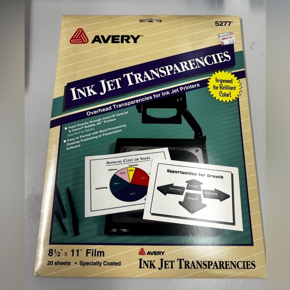 Vintage Avery 5277 Ink Jet Transparencies 8 1/2” X 11” 20 Sheets - New 1994 - Picture 1 of 9
